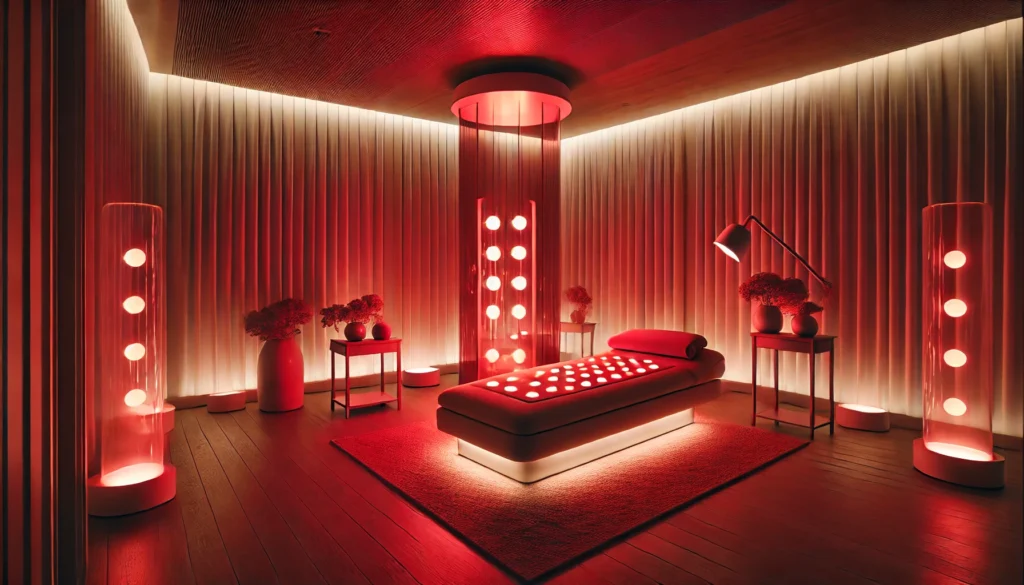 A tranquil spa room with soft ambient lighting where red light therapy is applied. The warm red illumination creates a peaceful setting, enhancing relaxation, muscle recovery, and overall wellness.