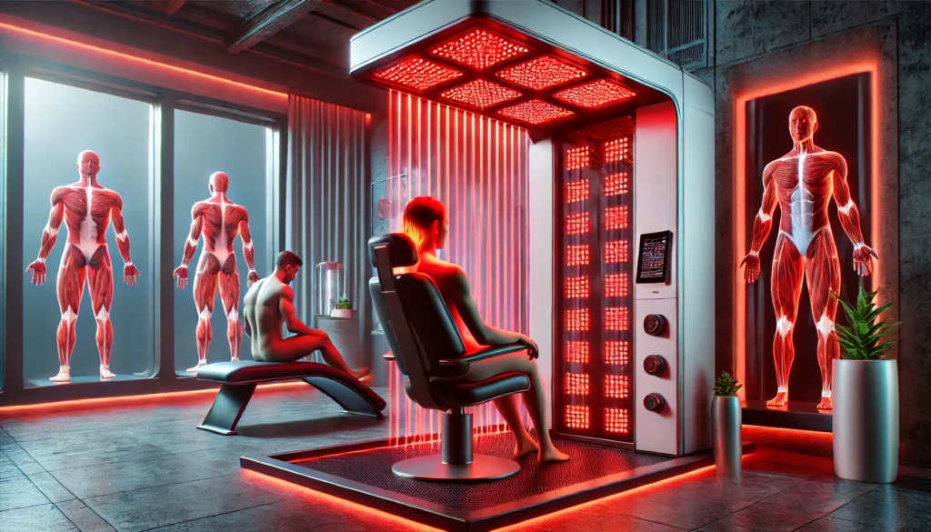 An athlete receiving red light therapy for muscle recovery in a futuristic rehabilitation center. The individual is lying on a treatment table under a large red light panel, which emits therapeutic red light to promote muscle regeneration. The setting is modern and high-tech, with advanced sports recovery equipment.