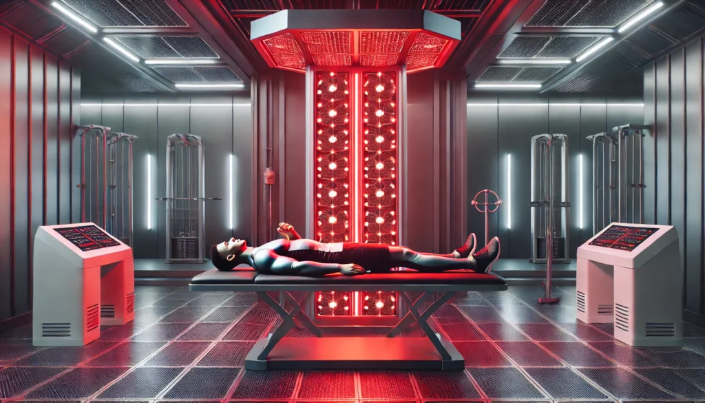 An athlete receiving red light therapy for muscle recovery in a futuristic rehabilitation center. The individual is lying on a treatment table under a large red light panel, which emits therapeutic red light to promote muscle regeneration. The setting is modern and high-tech, with advanced sports recovery equipment.