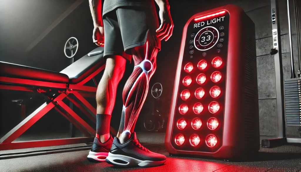  close-up of red light therapy being applied to an athlete's legs for post-workout recovery. A sleek red light panel emits deep red and infrared light, targeting muscle tissues to reduce soreness and accelerate healing. The setting is a high-tech sports therapy center with advanced rehabilitation equipment