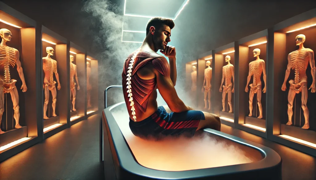 "A professional athlete resting in a high-tech recovery center, immersed in a warm magnesium bath with steam rising. The scene exudes tranquility, highlighting post-exercise muscle recovery and relaxation in a serene environment."