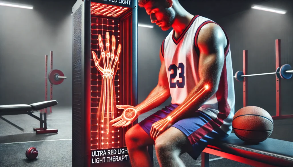 An athlete undergoing ultra red light therapy for hand recovery, with a red light therapy panel emitting powerful healing light in a high-performance recovery setting.