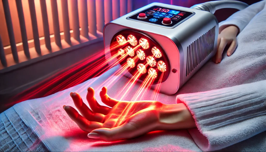 A medical-grade ultra red light therapy device emitting concentrated red and near-infrared light over a human hand in a professional treatment facility.