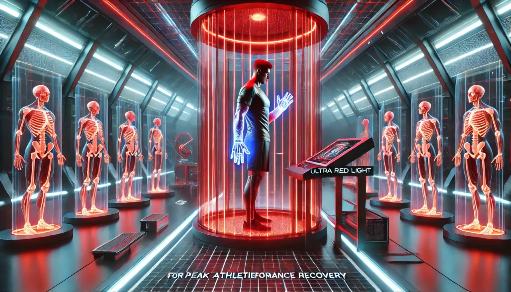 A futuristic sports rehabilitation center where an athlete is receiving ultra red light therapy for hand recovery, highlighting advanced athletic performance recovery technology.