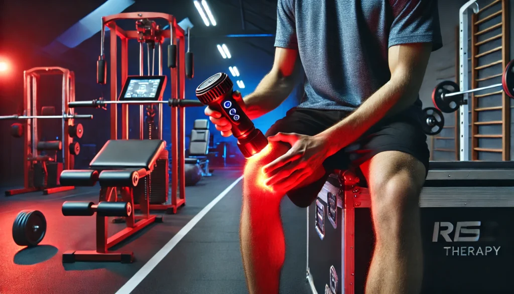 An athletic trainer using a red light therapy device on an athlete's knee in a professional sports recovery center, with advanced medical equipment in the background.