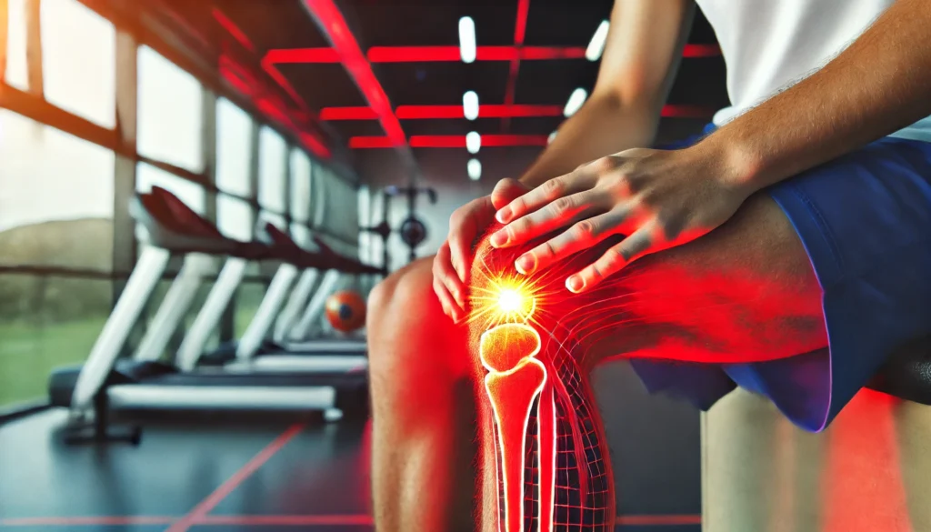 A close-up of an athlete's knee receiving red light therapy in a modern sports rehabilitation clinic, with a glowing red treatment panel enhancing circulation and recovery.