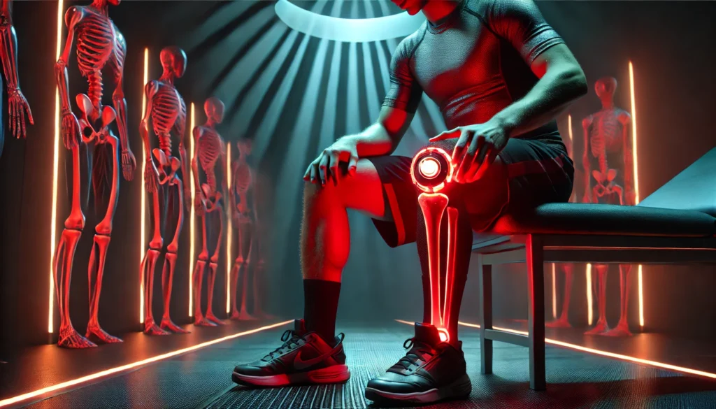 A futuristic sports therapy room where an athlete is seated with a red light therapy knee wrap, the red glow emphasizing joint regeneration and muscle recovery.