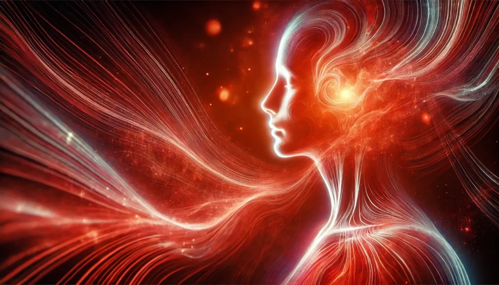 An abstract artistic representation of red light therapy, showing a glowing red wave enveloping a human silhouette, symbolizing skin healing and regeneration in a soothing atmosphere.