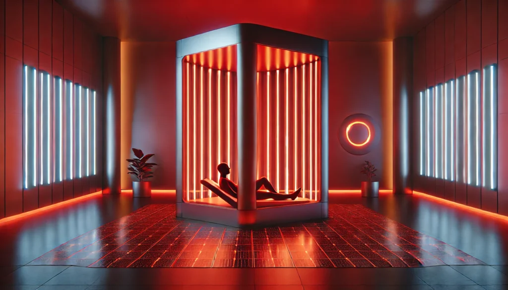 A futuristic wellness center with glowing red light therapy panels, where a person is relaxing under the warm red light, symbolizing healing, rejuvenation, and advanced health technology.