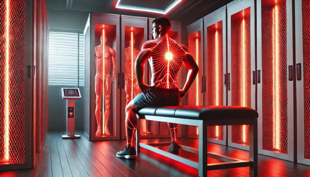 A high-tech therapy room where an athlete is receiving red light therapy for muscle recovery, with glowing red light panels illuminating the body, symbolizing enhanced performance, faster healing, and advanced sports recovery technology.