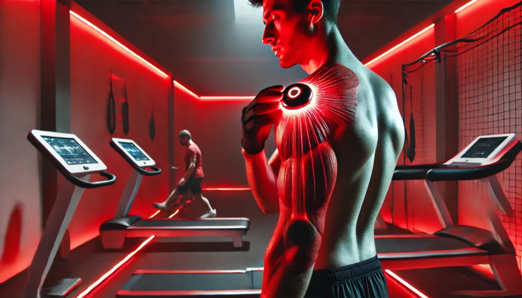 An athlete undergoing red light therapy on their shoulder in a sleek sports rehabilitation center, with advanced LED therapy devices emitting a healing red glow