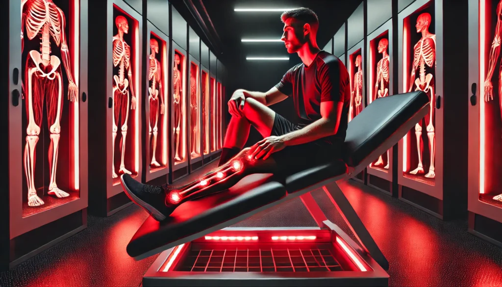 A professional athlete receiving red light therapy on their Achilles tendon, surrounded by modern sports recovery technology in a high-tech treatment setting