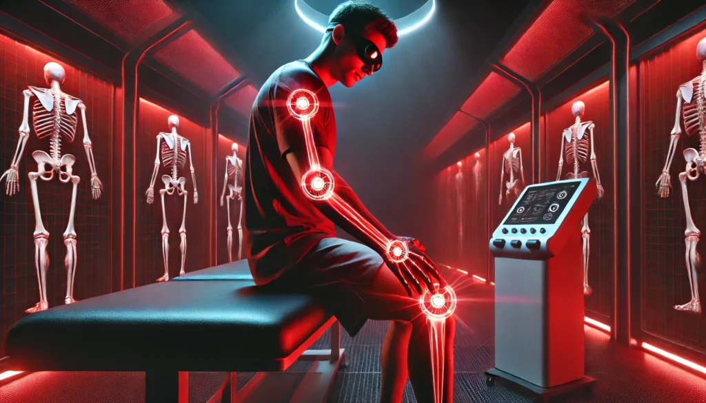 A futuristic sports rehabilitation facility where an athlete receives red light therapy on their elbow, highlighted by deep red light and cutting-edge medical equipment.