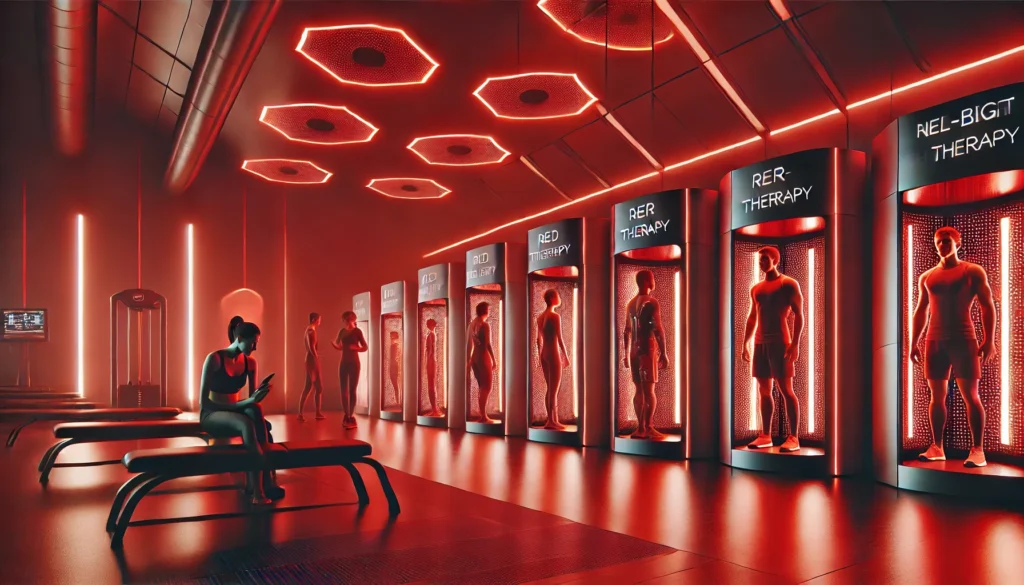 Modern red light therapy gym featuring advanced recovery panels emitting a warm red glow, highlighting an athlete using full-body light therapy for muscle repair and circulation