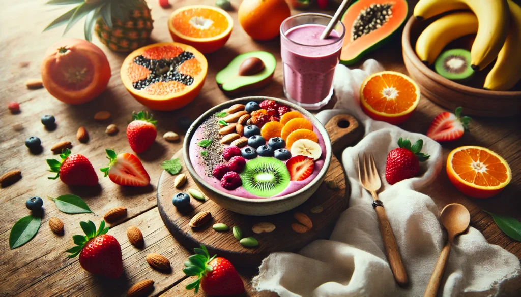 A beautifully arranged breakfast scene with a smoothie bowl topped with berries, kiwi, and nuts, surrounded by vitamin C-rich foods like oranges, strawberries, and papayas on a natural wooden table with a warm morning glow