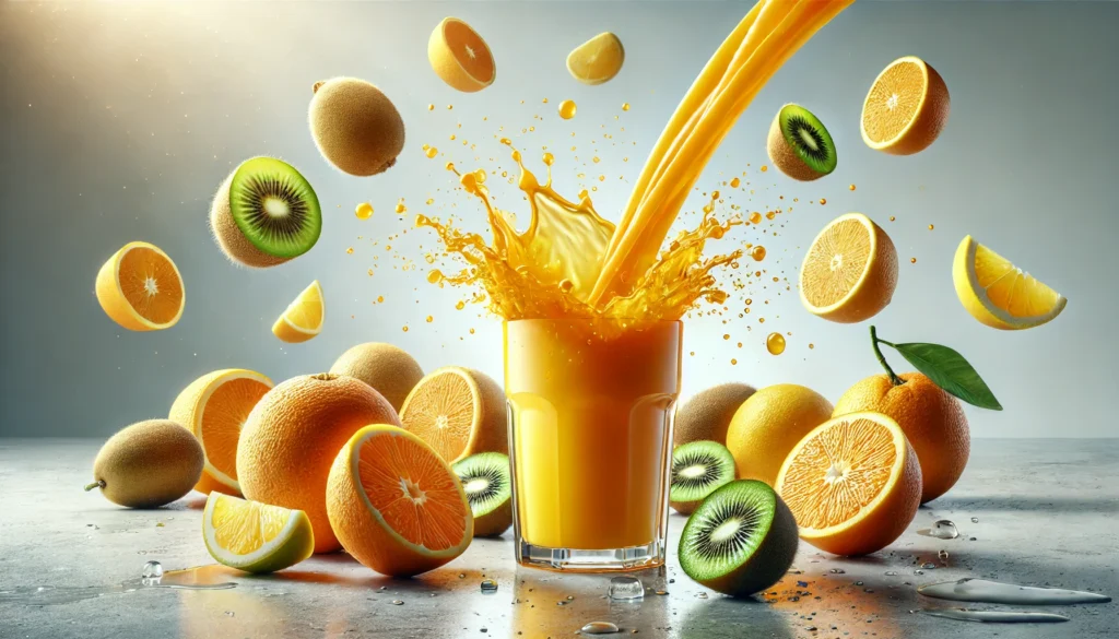 A dynamic visual of freshly squeezed orange juice being poured into a glass, with splashes frozen mid-air, surrounded by whole and sliced oranges, lemons, and kiwis, highlighting their rich vitamin C content against a bright, minimalistic background