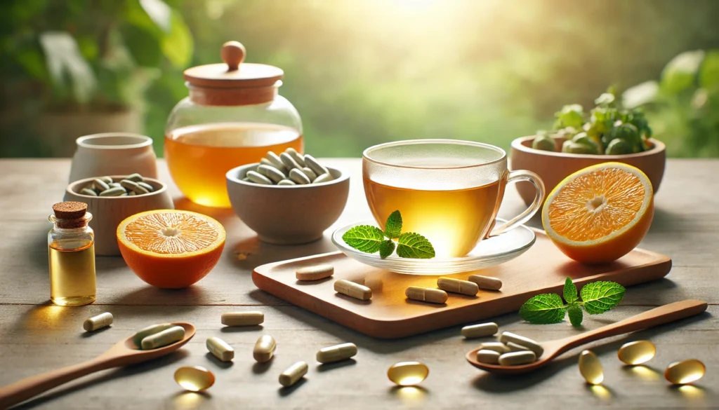 A wellness-inspired composition with vitamin C supplements, a cup of green tea, and fresh citrus fruits arranged on a wooden table, with soft sunlight filtering through a calming natural backdrop, symbolizing holistic nutrition and well-being