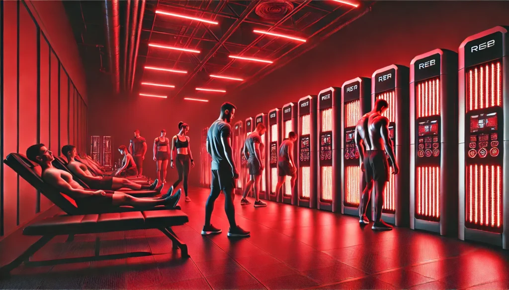 High-tech red light therapy gym with multiple athletes undergoing full-body enhancement therapy under near-infrared light, focusing on post-workout muscle recovery and performance optimization