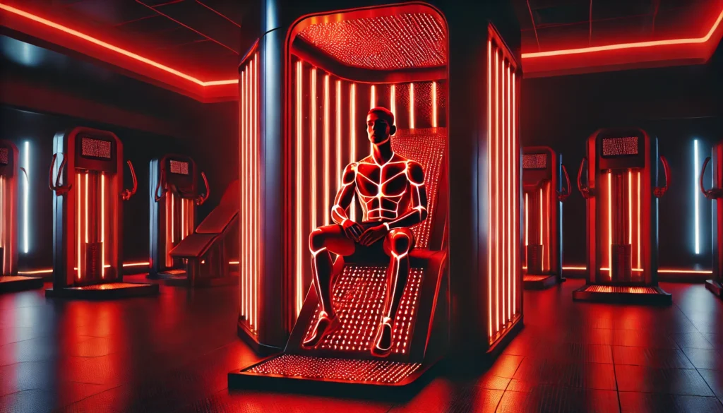 A futuristic athlete seated in a red light therapy chamber inside a high-tech gym, immersed in deep red and near-infrared light to promote healing, relaxation, and improved circulation