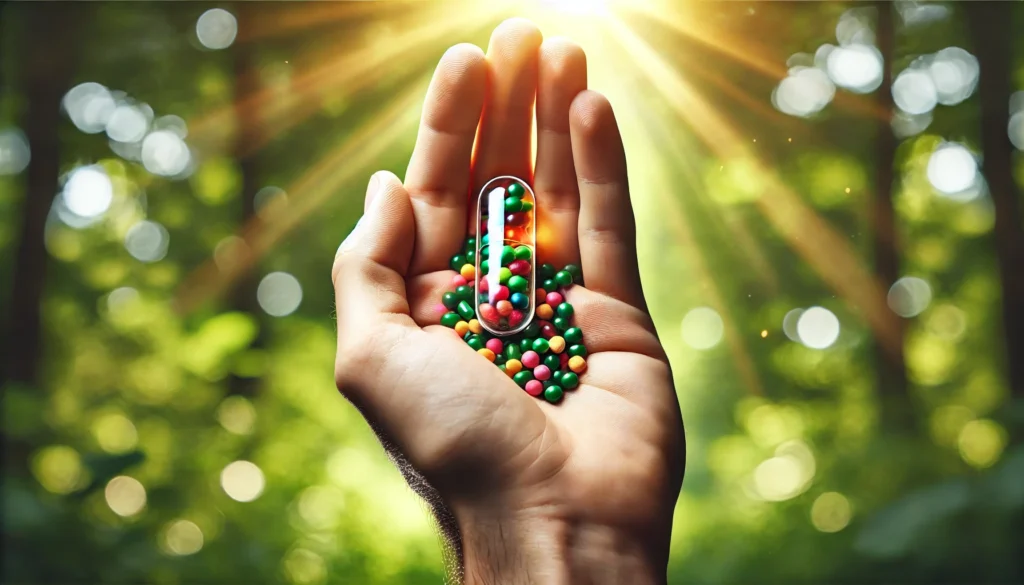 A close-up of a human hand holding a transparent capsule filled with colorful multivitamin beads, set against a blurred green natural background, symbolizing vitality and nutritional support