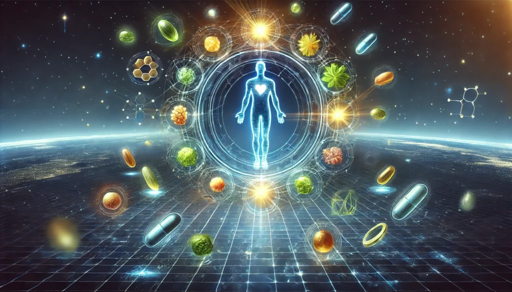  A futuristic digital visualization of essential vitamins and minerals radiating in a circular pattern around a human silhouette, representing the role of multivitamins in enhancing overall health and well-being