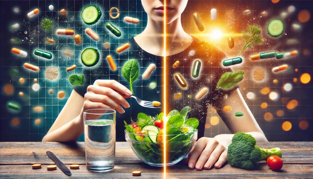 A split-screen image contrasting two lifestyles: one side featuring a person enjoying a nutrient-rich salad, while the other shows them taking a multivitamin pill with water, illustrating the complementary relationship between diet and supplementation