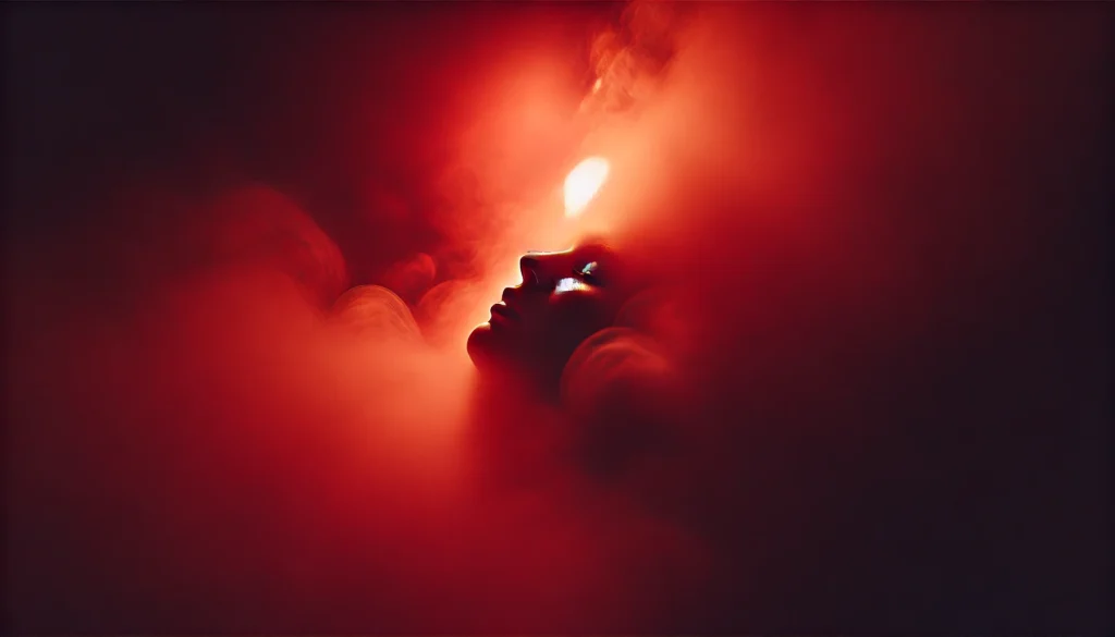 A surreal and ethereal depiction of red light softly diffusing through a misty atmosphere. The warm red glow creates a dreamlike ambiance, representing relaxation, nighttime therapy, and post-workout muscle recovery. The abstract composition highlights the gentle interplay of light and shadows for a soothing effect