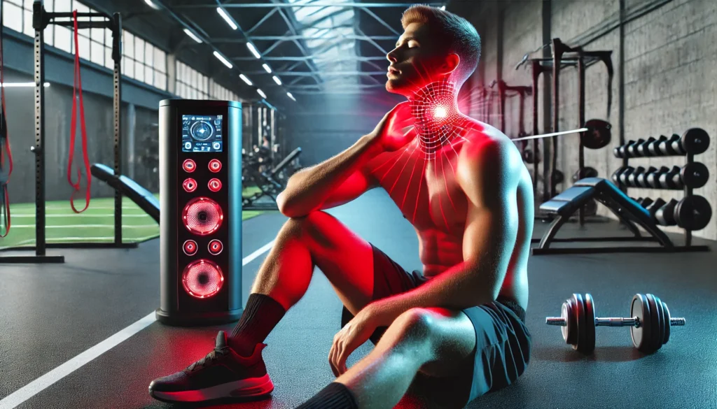 An athlete recovering after a workout, using a red light therapy device on their neck in a modern sports rehabilitation facility, with a soothing wellness atmosphere