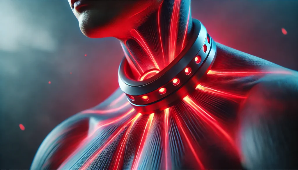 A close-up of a futuristic red light therapy device wrapped around a person’s neck, emitting a warm red glow, symbolizing advanced healing and deep tissue regeneration.