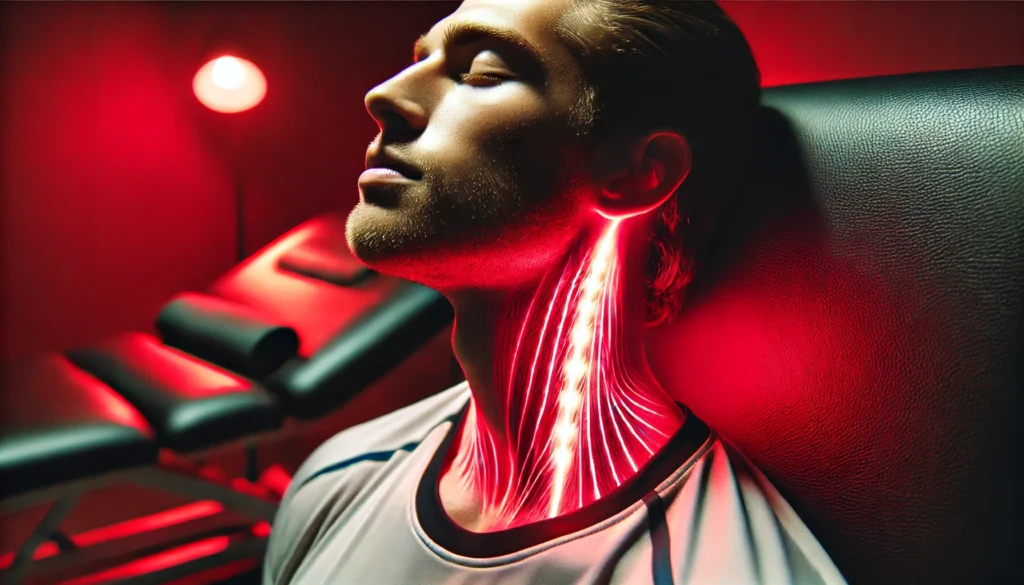 A professional athlete in a dimly lit recovery room using red light therapy on their neck, with soft red light highlighting muscle contours, showcasing deep tissue regeneration