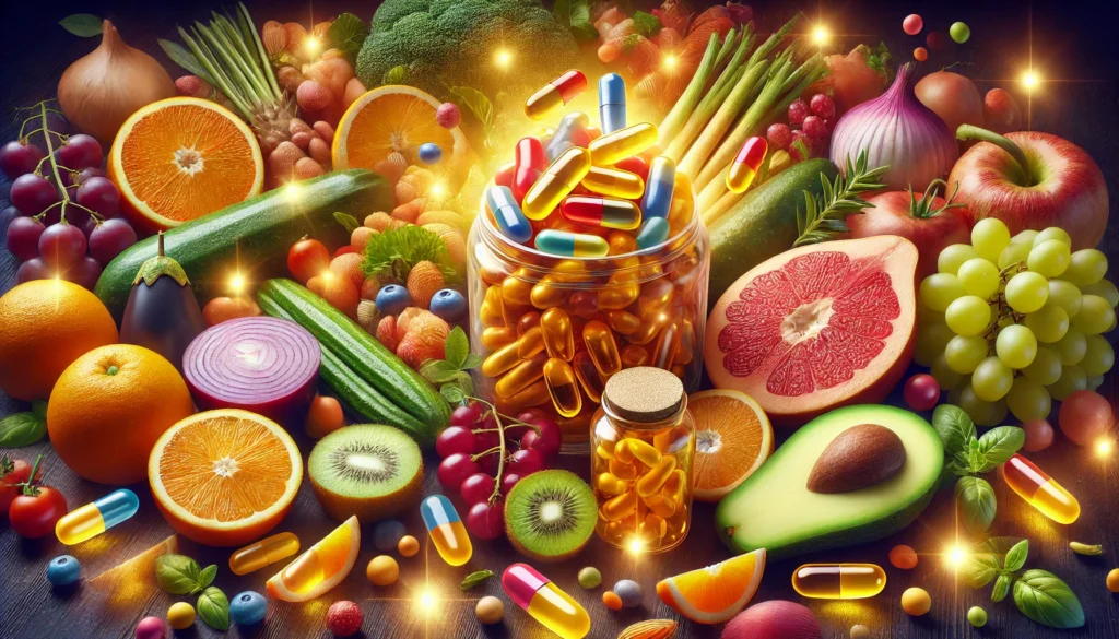 A vibrant and detailed depiction of fresh fruits, vegetables, and natural food sources arranged with glowing multivitamin capsules, symbolizing the combination of nutrition and supplementation for a healthy lifestyle