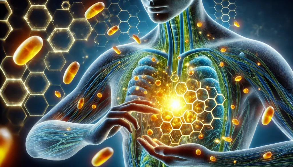  A futuristic scientific visualization of multivitamin absorption at a microscopic level, depicting glowing vitamin molecules integrating into human cells, symbolizing enhanced bioavailability and optimal health benefits