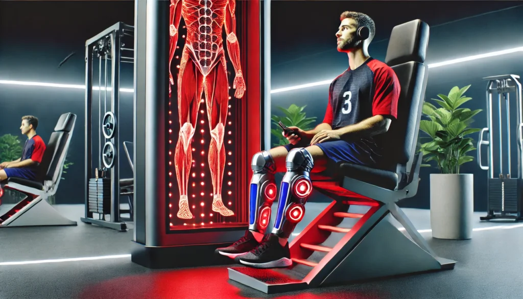 A professional athlete relaxing in a sports recovery center, using a red light therapy panel on their legs to enhance muscle recovery and skin regeneration.