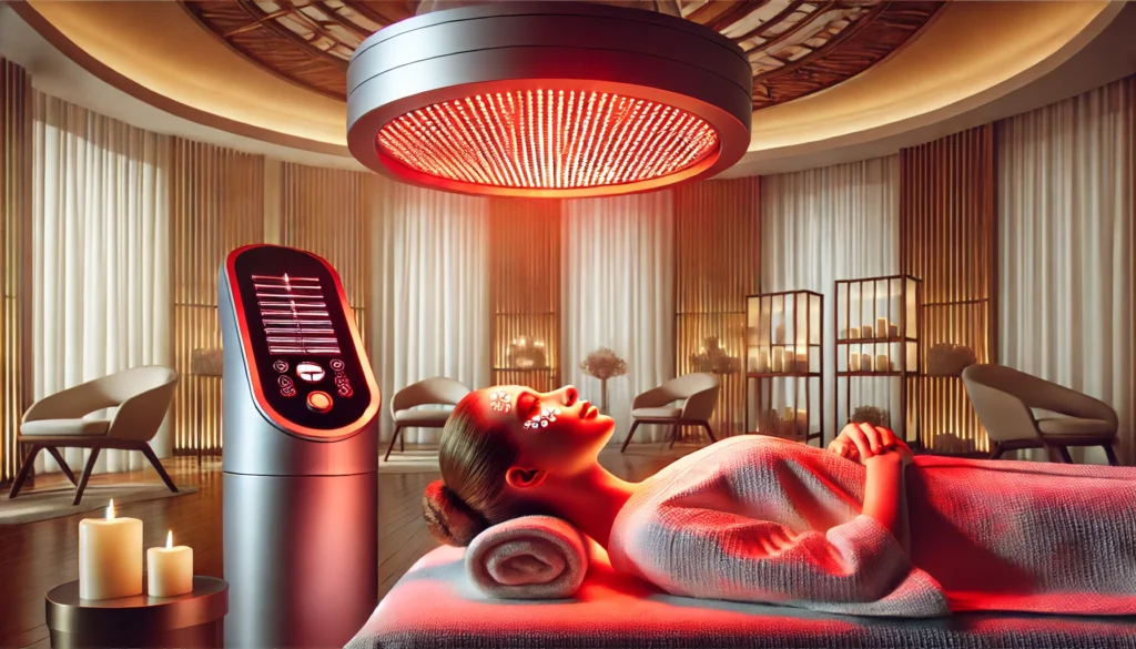 A tranquil spa environment where a woman is reclining under a red light therapy device, experiencing its calming effects for rosacea treatment and skin rejuvenation.