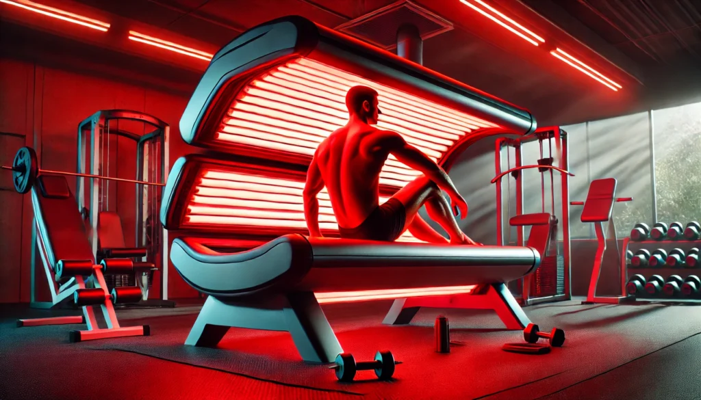 An athlete using a red light tanning bed post-workout in a modern sports recovery center, bathed in a soothing red glow, emphasizing muscle recovery and relaxation.