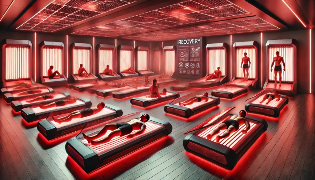 A futuristic sports therapy room featuring multiple red light tanning beds, where athletes are resting under red light for optimized post-exercise regeneration and injury prevention.