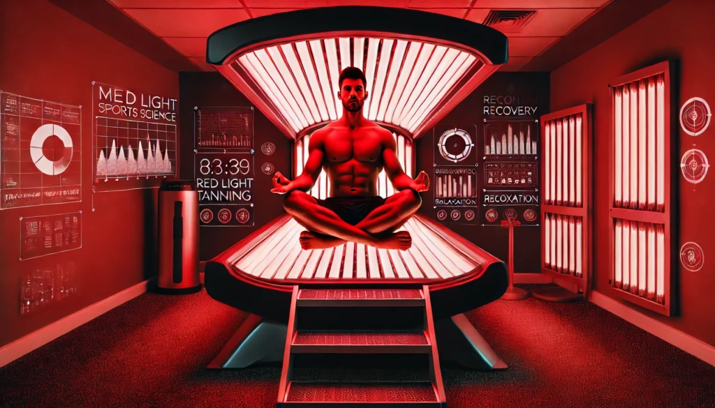 A professional athlete meditating inside a red light tanning bed, surrounded by a glowing red ambiance in a state-of-the-art recovery lounge with biometric tracking displays.