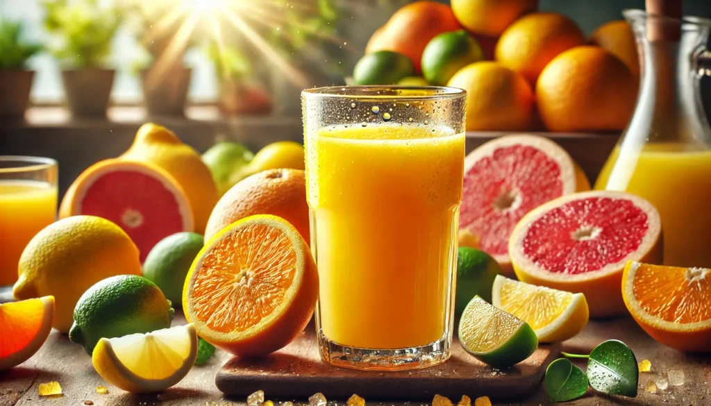 A refreshing glass of freshly squeezed orange juice surrounded by lemons, limes, and grapefruits, highlighting natural sources of vitamin C and hydration