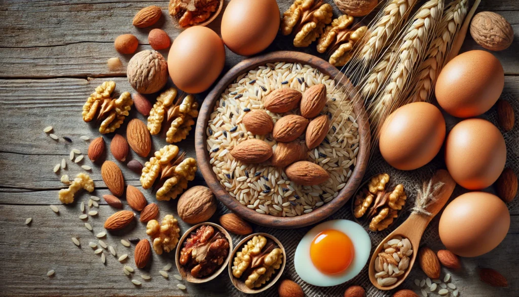 A rustic wooden surface featuring almonds, walnuts, brown rice, and eggs, representing natural sources of biotin (vitamin B7) with a focus on texture and nutrient-rich content