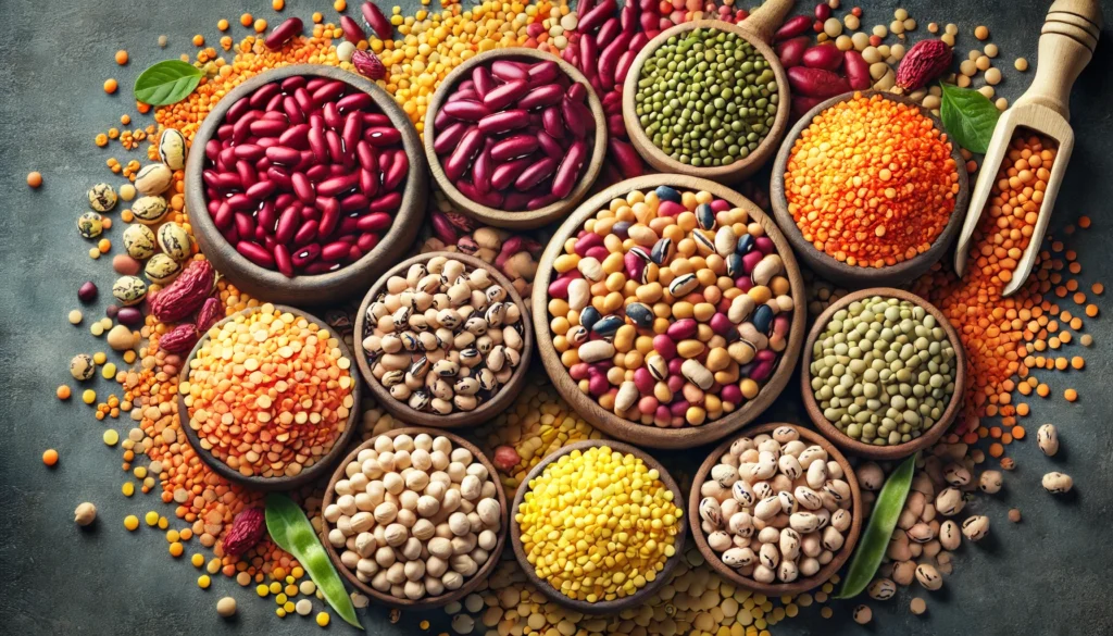 A variety of colorful legumes, including lentils, chickpeas, and beans, arranged in wooden bowls, showcasing their richness in B-complex vitamins and nutritional value