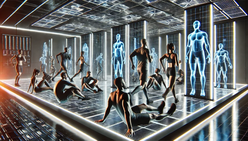 Multiple athletes in a futuristic rehabilitation center receiving light therapy treatment, surrounded by cutting-edge sports recovery technology