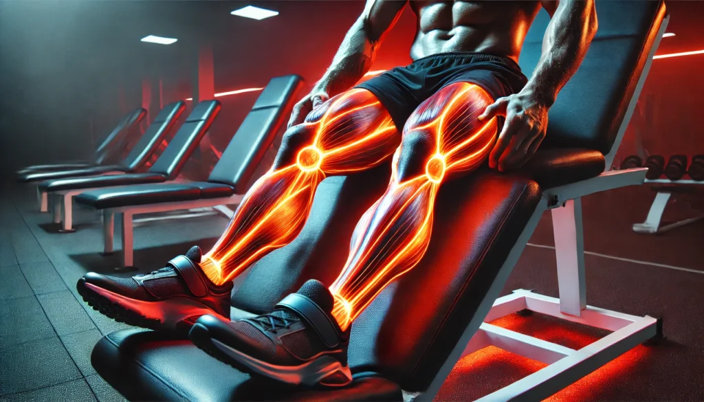 A close-up of an athlete’s legs wrapped in infrared light panels, highlighting muscle recovery and regeneration with advanced light therapy techniques