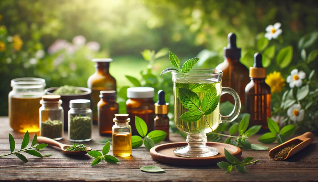 A serene wellness setting featuring a glass of herbal infusion tea with fresh leaves floating, surrounded by bottles of essential herbal extracts and supplements, set against a soft-focus garden background evoking relaxation and holistic well-being