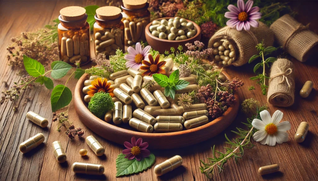 A close-up of various herbal capsules and tablets made from natural plant extracts, neatly arranged on a wooden plate with scattered fresh herbs and flowers, highlighting the organic and holistic health benefits of herbal supplements