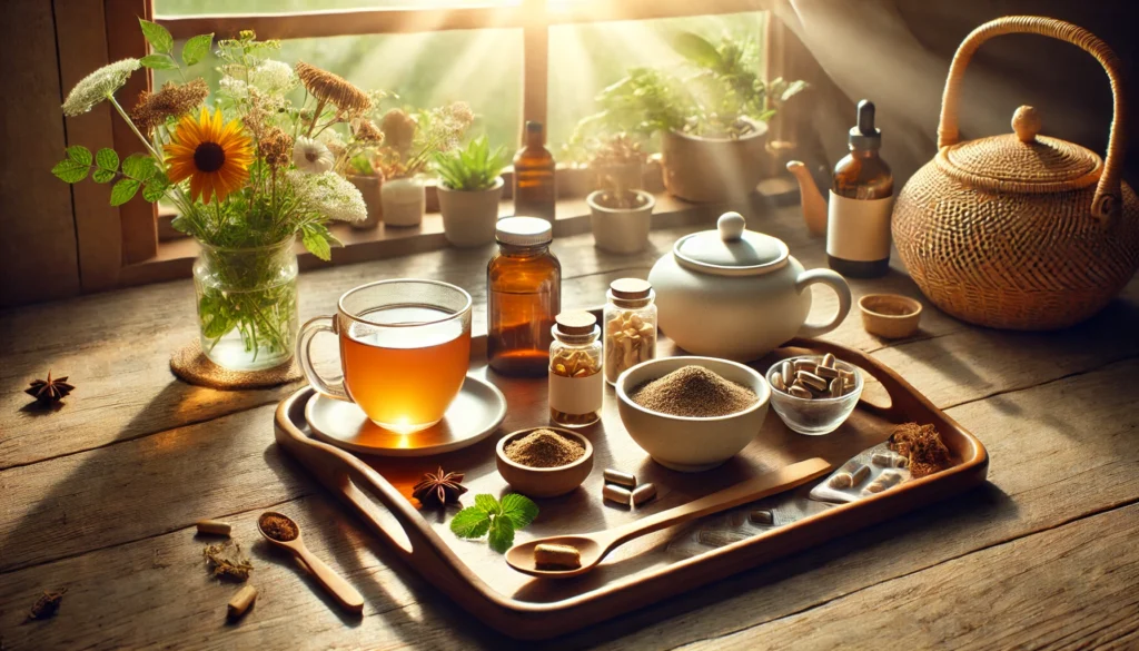 A peaceful morning scene with a wooden tray holding an assortment of herbal supplements, including powdered herbs, tinctures, and capsules, placed beside a cup of herbal tea with sunlight streaming in through a window, symbolizing natural health and wellness.