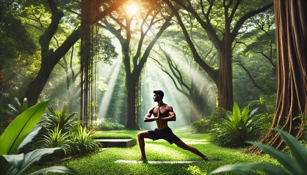 An athlete practicing yoga in a tranquil park, surrounded by lush greenery and soft natural light, embodying mindfulness, balance, and athletic recovery.