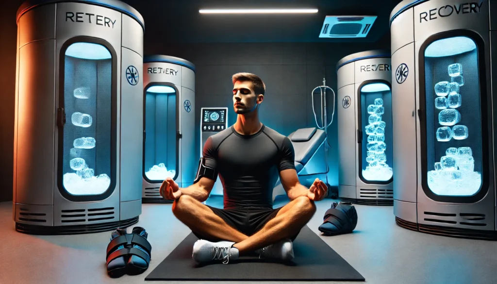 An athlete meditating inside a modern sports recovery facility, surrounded by advanced rehabilitation equipment, representing mindfulness and regeneration.