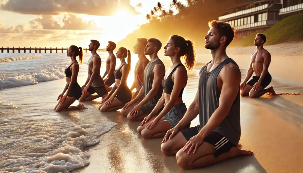  A group of athletes practicing synchronized breathing exercises on a tranquil beach at sunset, embodying mindfulness, relaxation, and recovery.