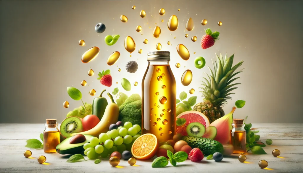 A vibrant bottle of liquid multivitamins surrounded by fresh fruits and vegetables, with golden liquid droplets floating in the air, symbolizing nutrient richness, vitality, and health benefits