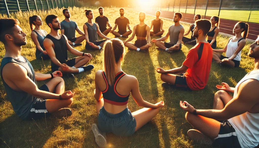 A group of athletes meditates together on a grassy field at sunrise. Dressed in sportswear, they sit in a circle, practicing mindfulness and deep breathing, symbolizing the unity and recovery benefits of sports meditation.